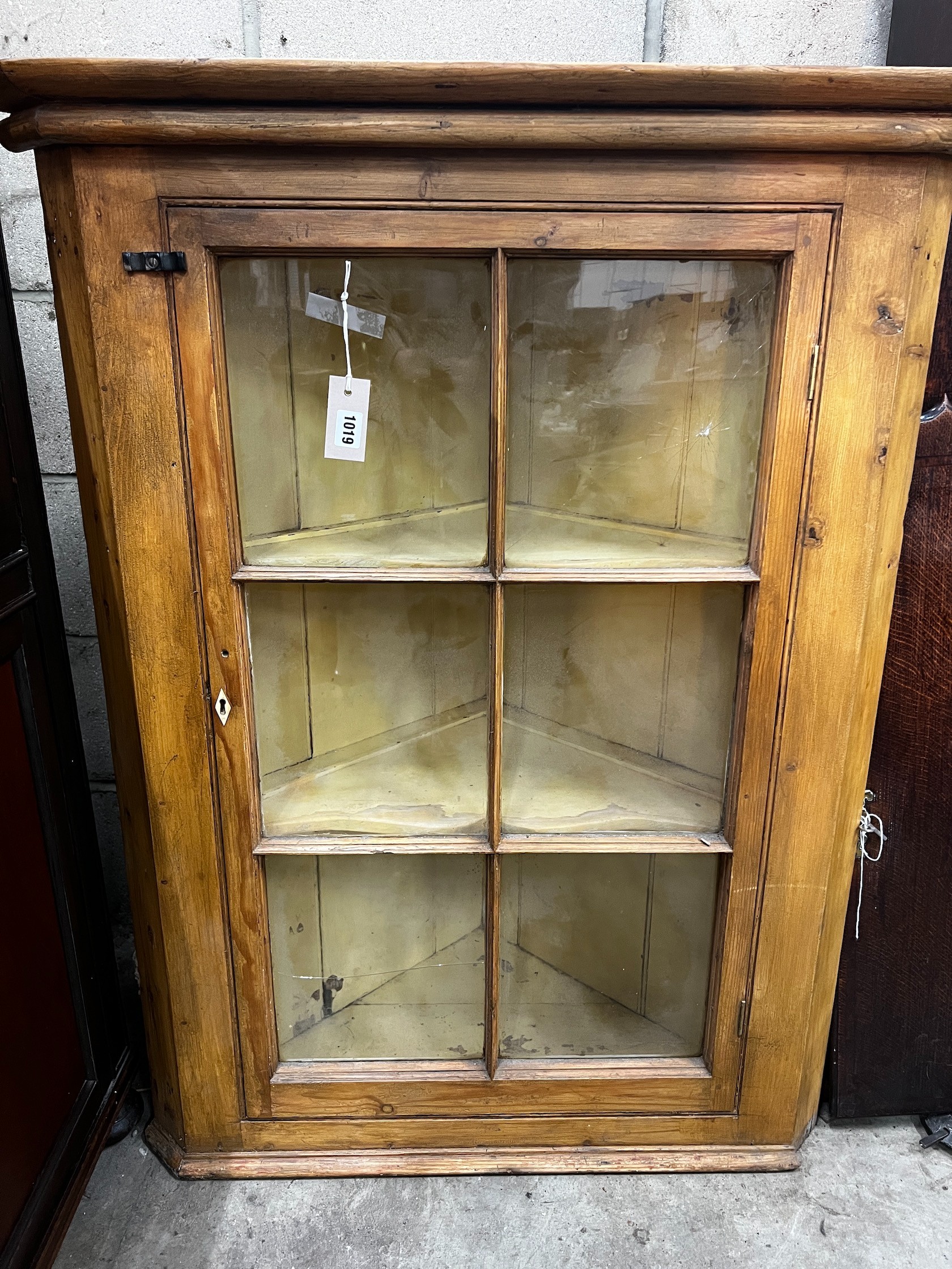 A Victorian pine hanging corner cabinet, width 85cm depth 47cm height 108cm